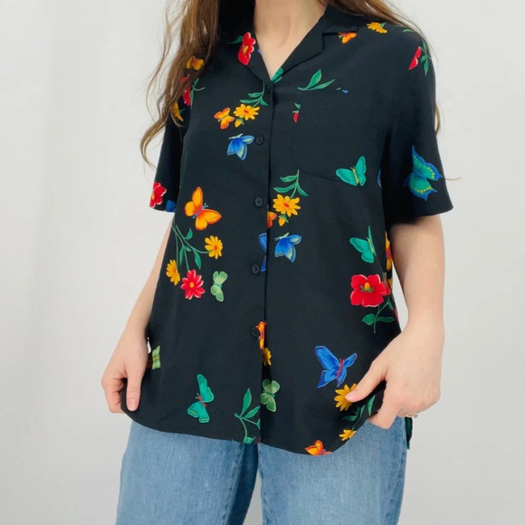 vintage ebony enchanted butterfly garden floral button down top cottagecore L - Picture 8 of 8